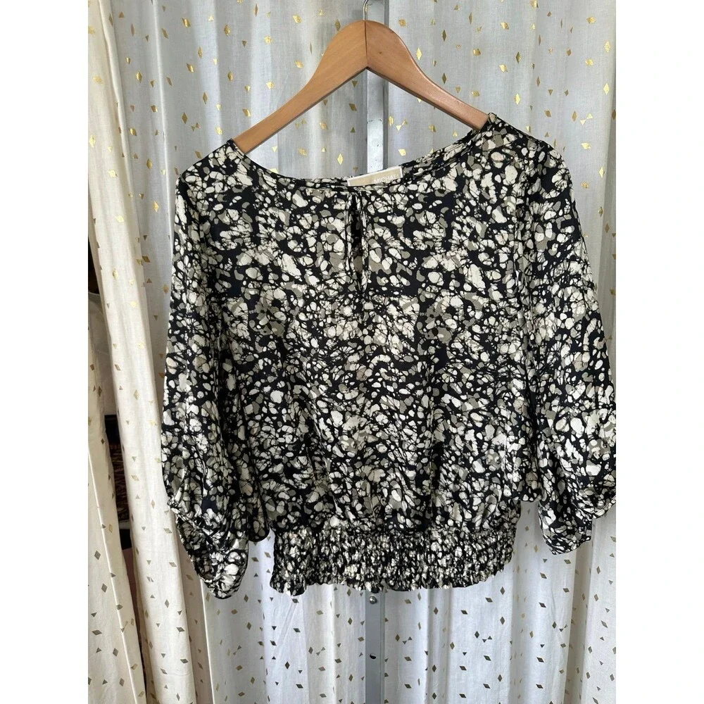 Michael Kors Boat Keyhole Neckline Balloon Sleeves Smocked Waist Hem Blouse XS